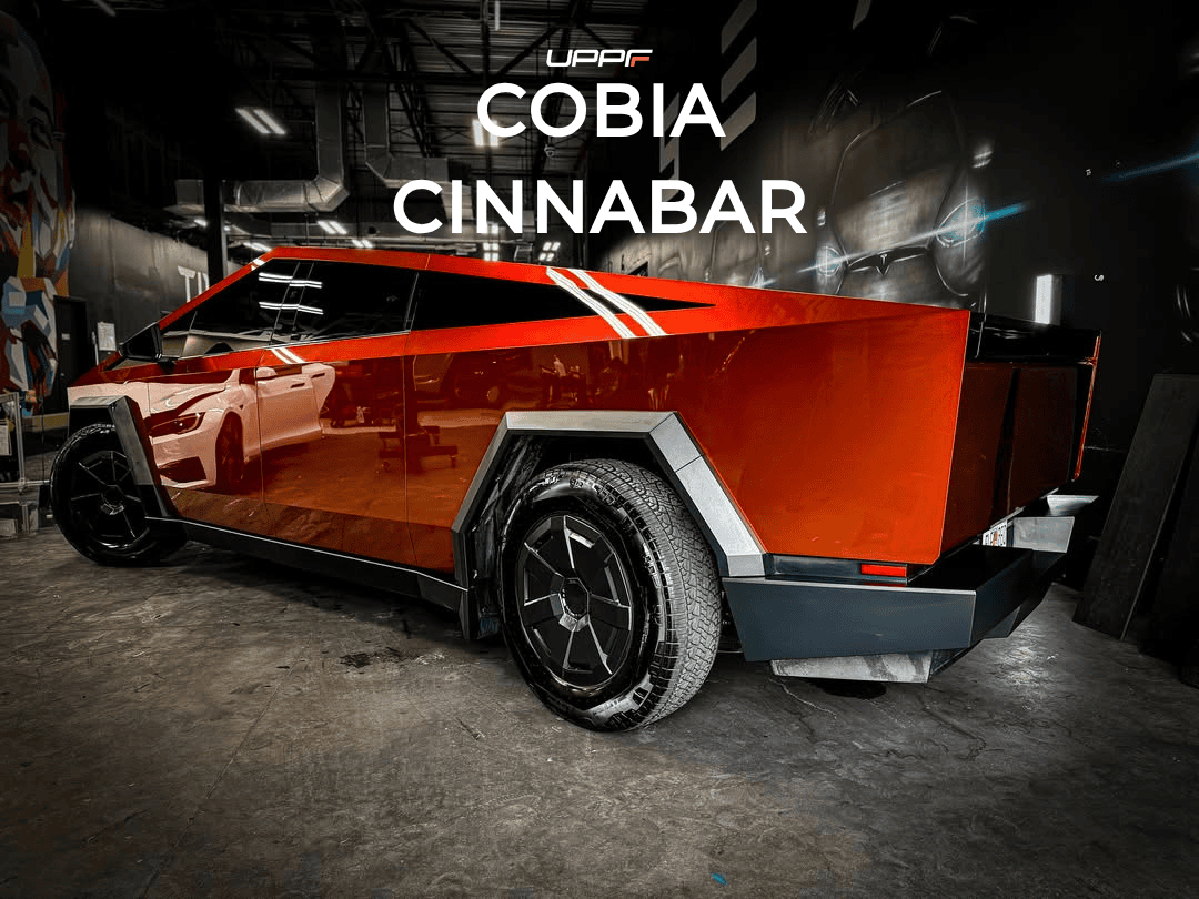 Cybertruck wrapped in Cobia Cinnabar